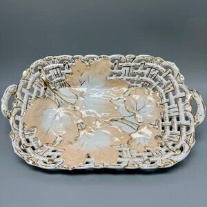 Antique C.T. Germany Porcelain Reticulated Basketweave Tray Gold Accents & Leaf